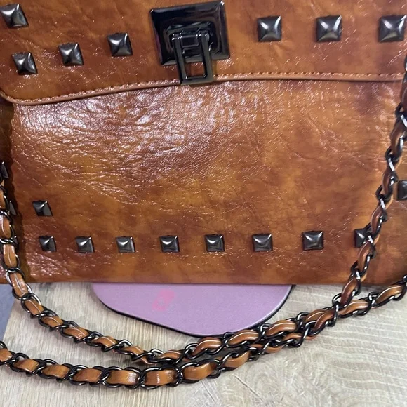 Studded Tan Leather Shoulder Bag - Picture 9 of 12